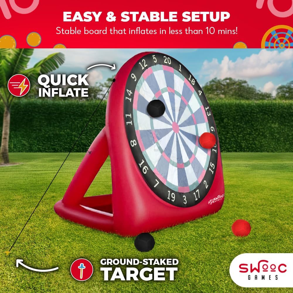 Swooc Games - Inflatable Giant Kick Darts (15  Ways to Play) - Jumbo Soccer Dartboard w/Air Pump - Big Carnival Games - Giant Outdoor Games - Oversized Dart Board Yard & Lawn Game for Kids & Adults